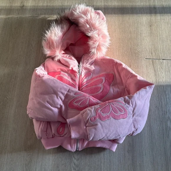 Dolls Kill Pink Faux Fur Hood Butterfly Bomber Jacket - Picture 2 of 8